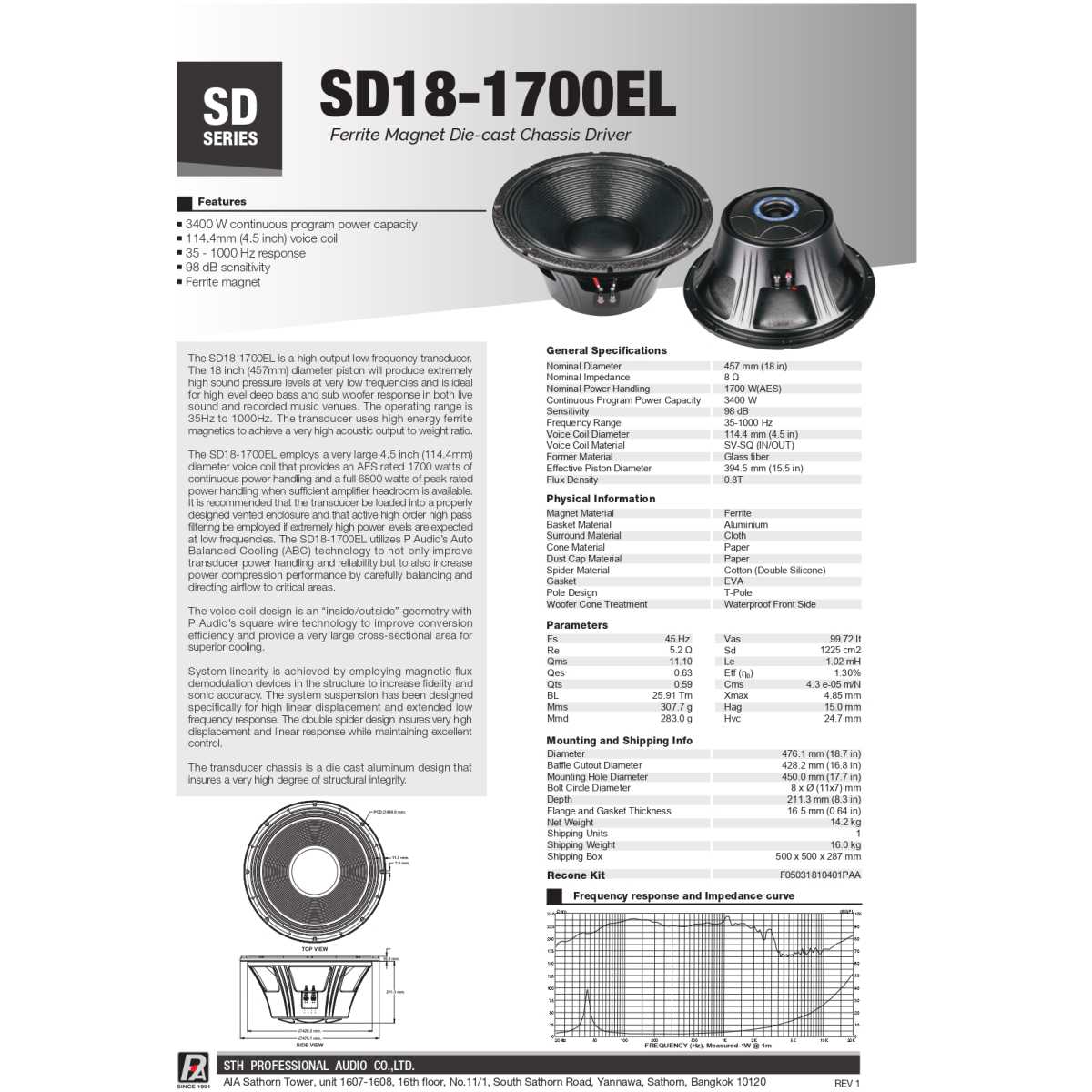 P Audio SD18-1700EL 18" Loose Speaker - Image 4