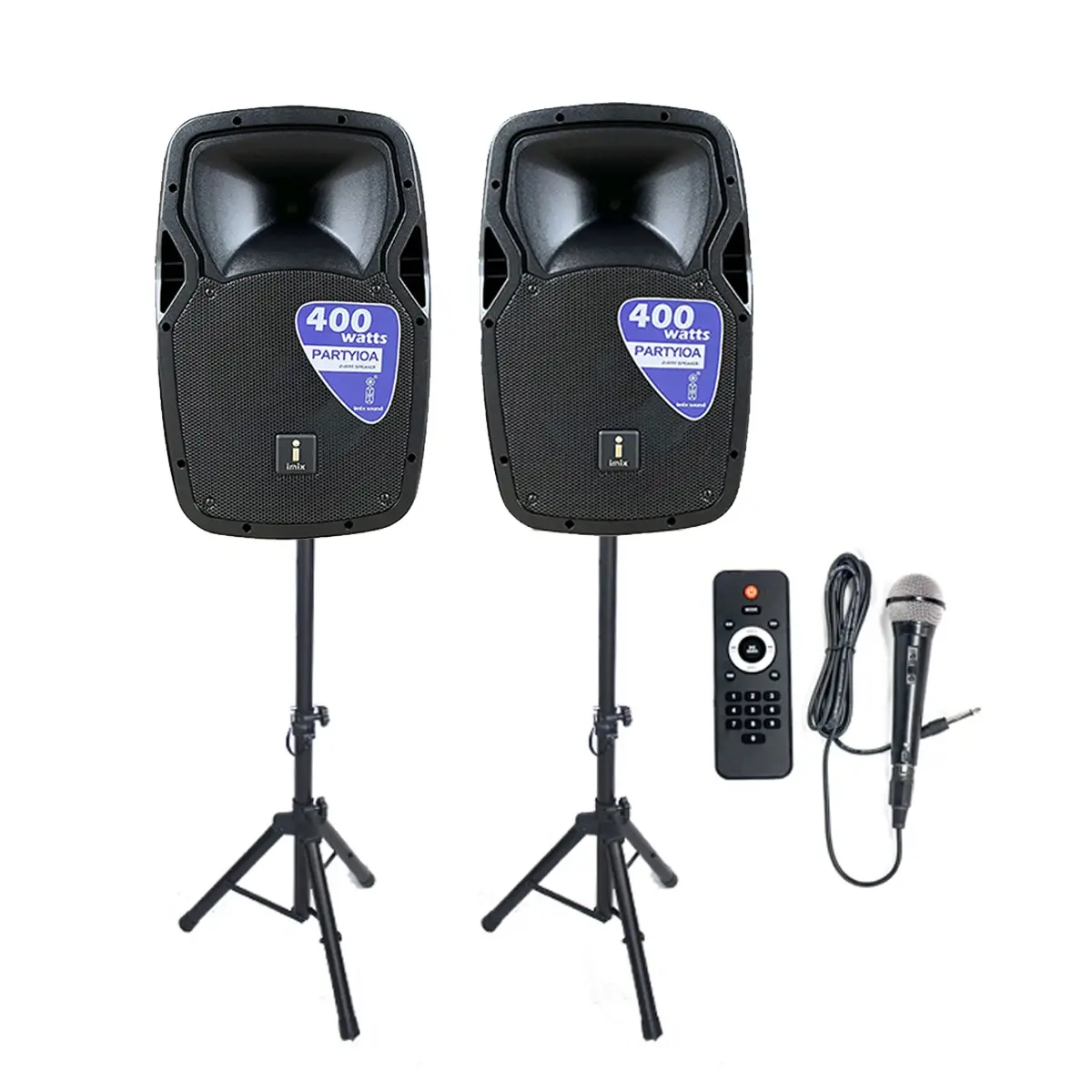 party10a.webp Imix Party 10A 10" Active Speaker Set w/ Stands And Mic - Image 1