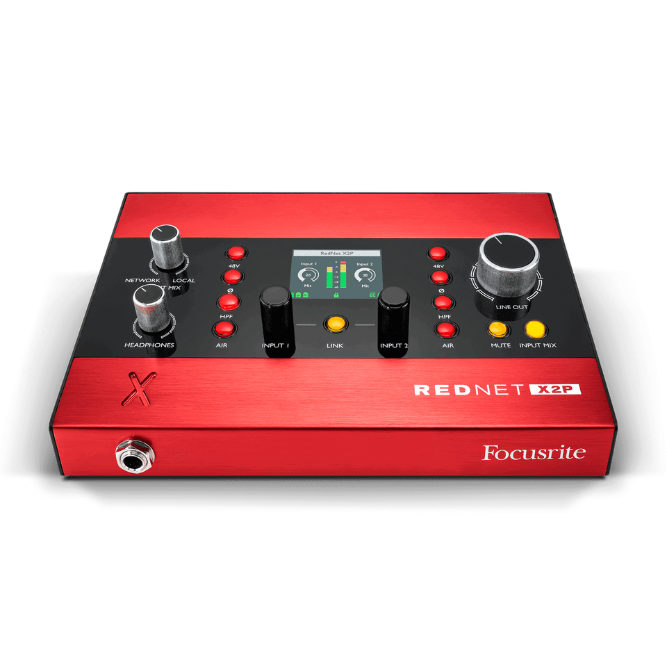 RedNet-X2P-Front-Elevated-2400-x-2400-Compressed__27098 Focusrite RedNet X2P 2x2 Dante Audio Interface with Mic Preamps and Headphone Amp - Image 1