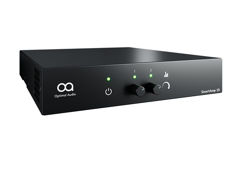 SMARTAMP-10-FRONT-ANGLE-Cutout Optimal Audio SmartAmp 10 – 2×125 W Class‑D DSP Amplifier - Image 1