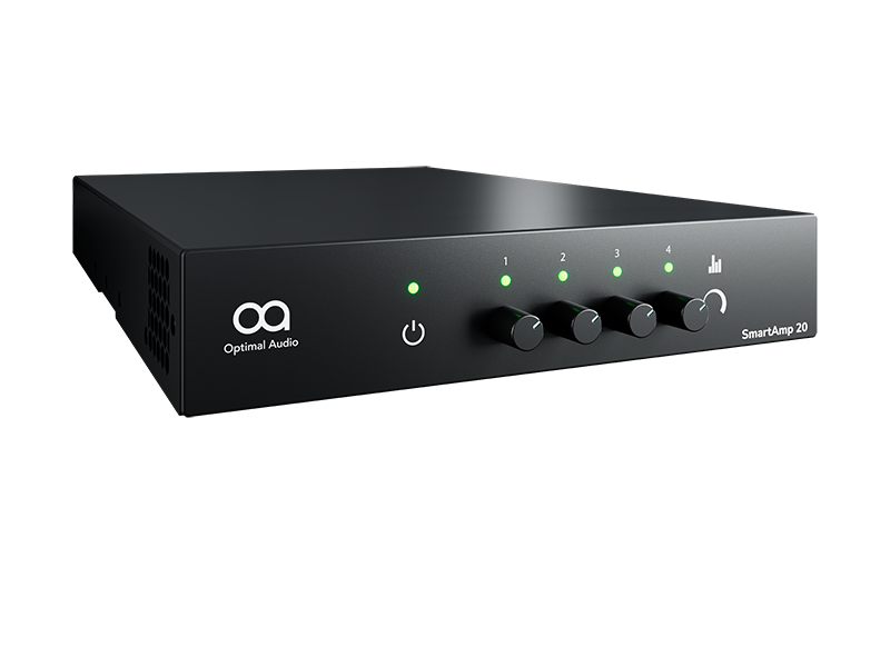 SMARTAMP-20-FRONT-ANGLE-Cutout Optimal Audio SmartAmp 20 – 2×200 W Class‑D DSP Amplifier - Image 1