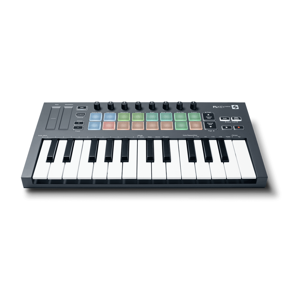 flkey-mini-front-elevated-2400-2400__30996 Novation FLkey Mini MIDI Keyboard Controller for FL Studio - Image 1