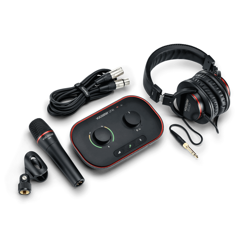 vocaster-one-studio-knolling-2400-2400__45909 Focusrite Vocaster One Studio USB Podcasting Bundle - Image 1