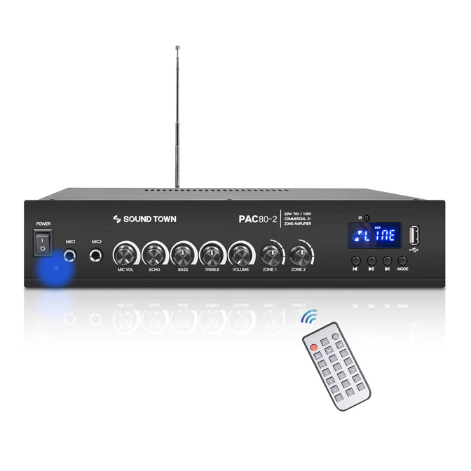 PAC80-2-60W-2-Zone-70V-100V-Commercial-Power-Amplifier-Bluetooth-Remote_672x672 Sound Town PAC80-2 Commercial Power Amplifier - Image 1