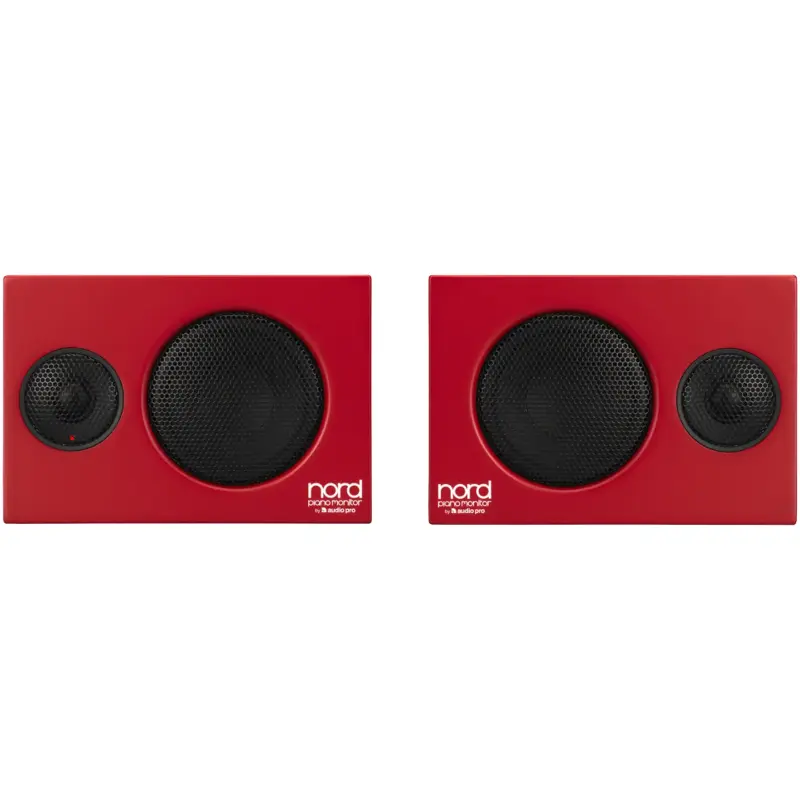 Features For the ultimate nearfield listening experience the Nord Piano Monitor speakers can be mounted to the Nord Piano 4, Nord Piano 5 73/88, Nord Grand, Nord Stage 3 Rev B (88 and HP76) and Nord Stage 4 73/88 using the included Monitor Brackets. The Monitors can also be attached directly to standard microphone stands. The Nord Piano Monitors feature an additional auxiliary audio input for connecting a laptop or smartphone - perfect for playing along, rehearsing or just listening to music. Mountable on: nord piano 4, nord piano 5 73/88, nord grand, nord stage 3 rev b hp76 and 88 & nord stage 4 73/88 Compatible with: all Nord products Specifications Dual inputs for keyboard (2 x 1/4") and aux (3,5 mm Stereo) Weight 5,5 kg / pair Tweeter size 3/4" Woofer size 4 1/2" 2 x 80 Watt SUB out RCA Dimensions (Height, Width, Depth): 220 mm (8.7") x 150 mm (5,9") x 198 mm (7,8") Included in the box 2 x Nord Piano Monitor speakers Piano Monitor brackets Stereo audio cables (2 x 1/4"), 0,5m and 1,5m Mono audio cable 1/4" between left and right speaker, 1,2m Power cables, US and EU Rubber feet Compatibility Compatible with all Nord products. Brackets mountable on Nord Piano 4, Nord Piano 5 73/88, Nord Grand and Nord Stage 3 Rev B (88/HP76).