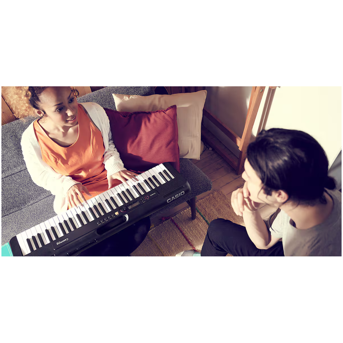 Features Portable Design　｜　easy to use for everyone　｜　Large range of features　｜　Dance Music Mode with Voice　｜　My Setup Button Slim & Stylish Portable Design With the CT-S200 you can enjoy music whenever and wherever you like. Its compact size of 930 mm x 256 mm x 73 mm is 30% smaller in volume than the CTK-2500 and CTK-2550 models, and it boasts roughly 16 hours of alkaline battery life*. With a grip at the top of the keyboard and a weight of only 3.3 kg, it couldn’t be easier to carry. The design incorporates rounded edges and corners, making it safely portable. *Period of continuous operation may be shorter depending on battery type and your playing style. Interface easy to use for everyone The CT-S200 features a simple, intuitive interface, offering an organized layout with fewer buttons by using both a full dot LCD screen and dial. It is also equipped with a home button that lets users return to the original screen at any time, making for a superior multi-function keyboard with enhanced usability. Large range of features accessible through simple operations Rich collection of 400 built-in tones 77 built-in rhythms, with Auto Accompaniment feature Song Bank including 60 standard songs Metronome function to help with lessons Sound no one would expect from such a compact keyboard The use of 13 cm x 6 cm oval speakers with strengthened magnets delivers surprisingly great sound for such a compact instrument. An additional function that optimizes the equalizer in tandem with the volume provides balanced sound from the bass to the highs, even at low volumes. Dance Music Mode and Voices expand ways to enjoy playing The CT-S200 includes a mode that lets users put together drum, bass, and synthesizer phrases to easily enjoy dance music, as well as 12 types of Dance Music Voices that sound great with dance music. Just press along with the rhythm to add accents to ordinary playing and enjoy dance music. My Setup Button Register your favorite settings to easily recall tones and rhythms such as those learned in music class when you practice at home. Piano-Style Keys The keys are designed in a piano-like box shape. USB to host micro B for expandability The CT-S200 comes with a USB to host micro B jack that allows you to enjoy making music easily, together with your smart device or computer. (Commercially available cable required.) CASIO MUSIC SPACE App Connectivity Makes Practicing Fun Display 50 in-app demo songs or downloaded MIDI files on the CASIO MUSIC SPACE piano roll or musical score screen to play your favorite songs anytime, anywhere. Play music without reading a musical score by striking keys in rhythm with the bars as they scroll down from the top of the screen. Track your score on the app’s scoring feature to make practice fun and watch your playing improve. CASIO MUSIC SPACE Dedicated Case with Stylish Rolltop Design The dedicated soft case is the ideal size for the CT-S Serie