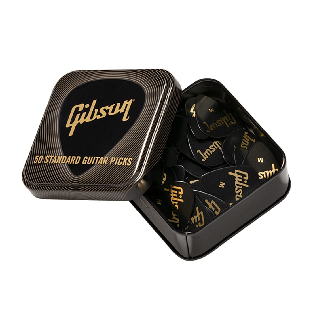 Gibson-APRGG50-74H-Standard-Hard-Black-Pick-Tin-Open- Gibson APRGG50-74H Standard Hard Black Pick Tin (50pcs) - Image 1