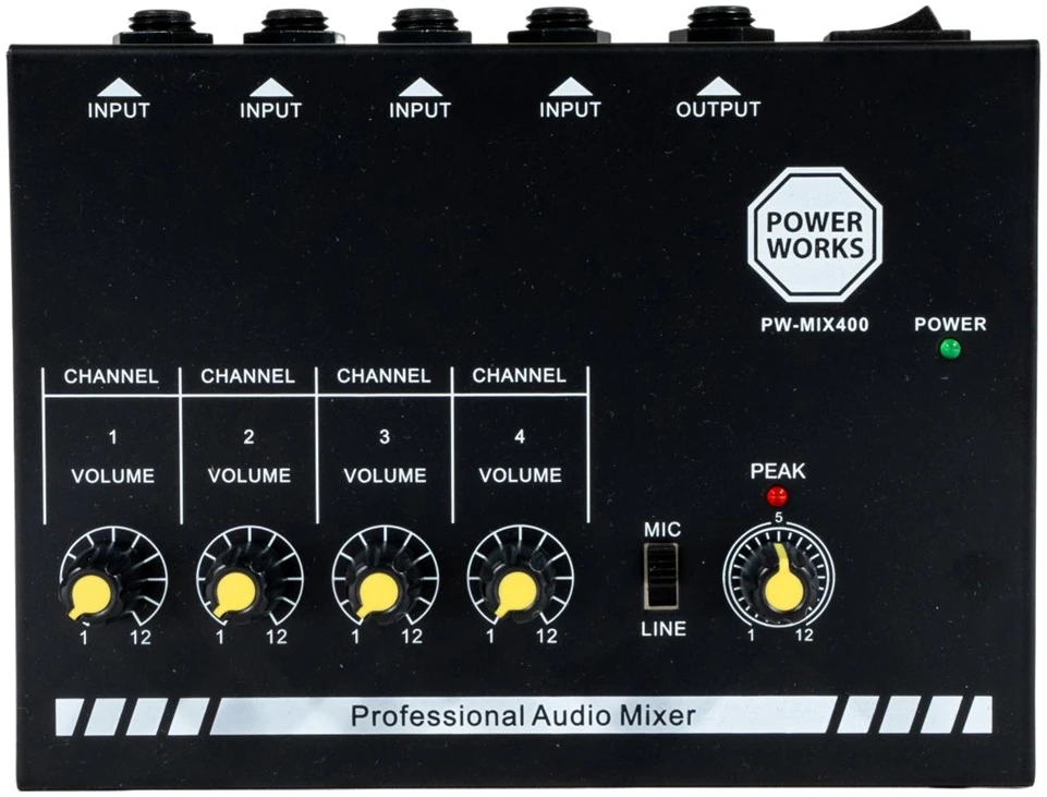 PW-MIX400-4-channel-Mini-Audio-Mixer-Top PowerWorks PW-MIX-400 4-channel Mini Audio Mixer - Image 1