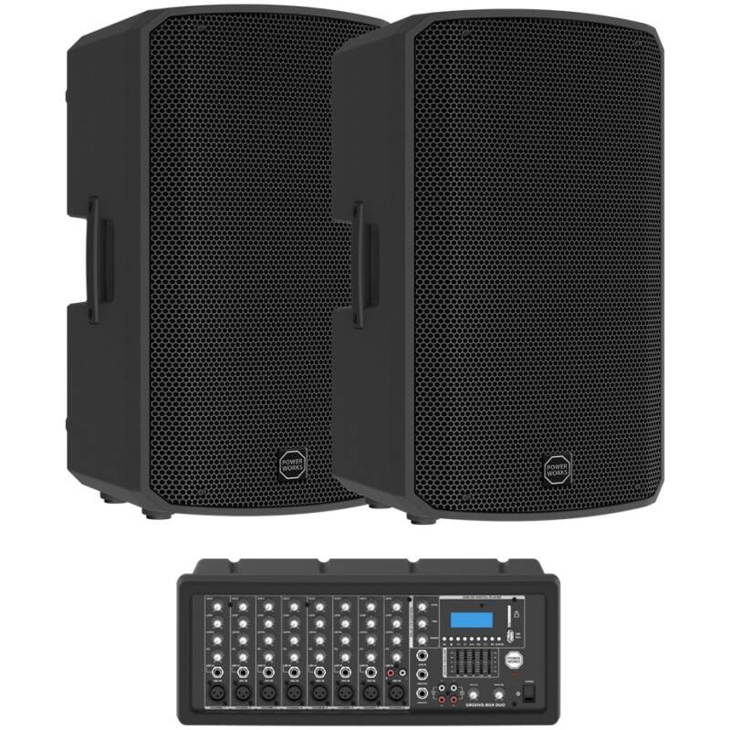 PowerWorks GROOVE-BOX DUO 2 x 12” Passive PA Speakers+ 8 Ch Powermixer