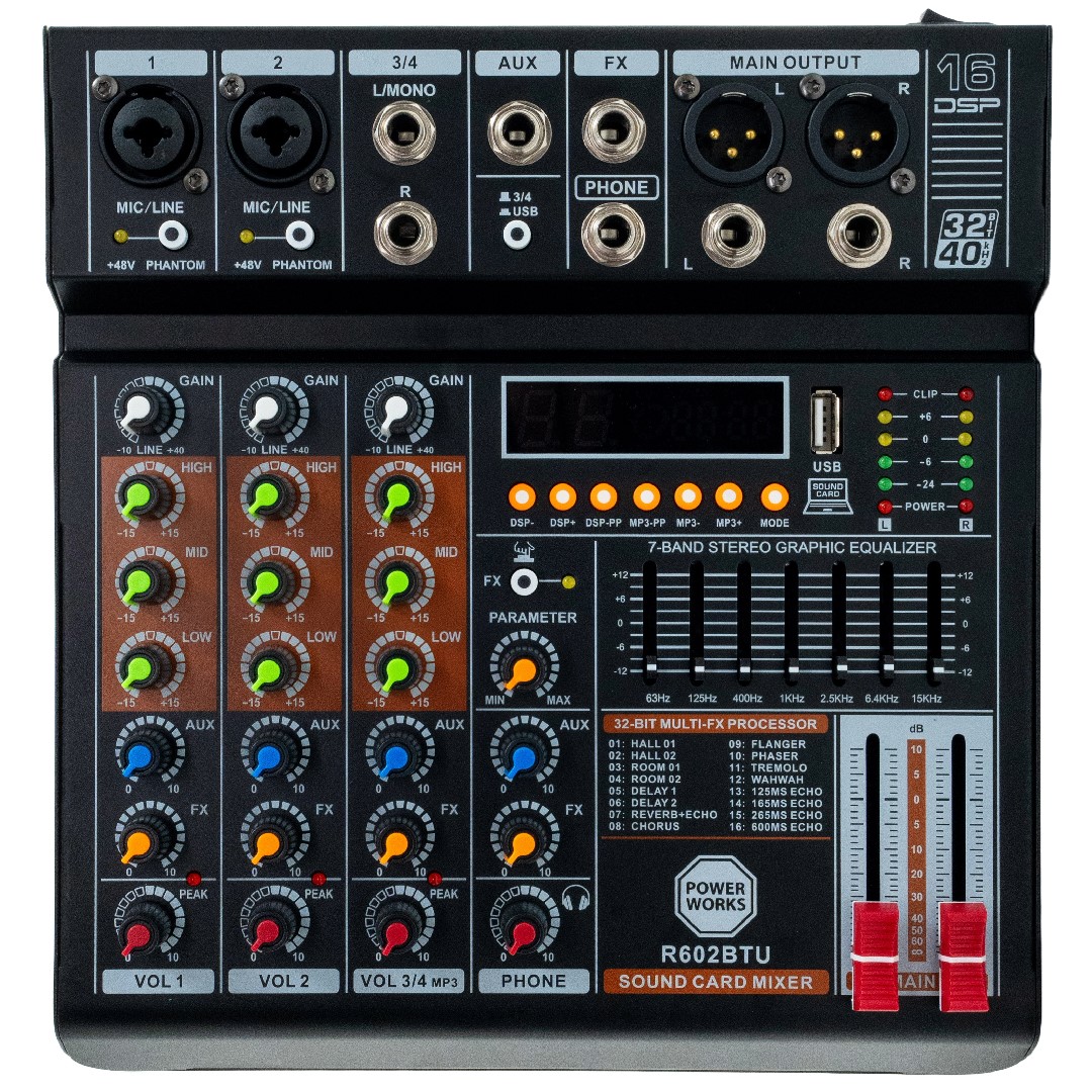 R602BT-USB-4-channel-Analogue-Mixer-Top- PowerWorks R602BT USB 4-channel Analogue Mixer - Image 1