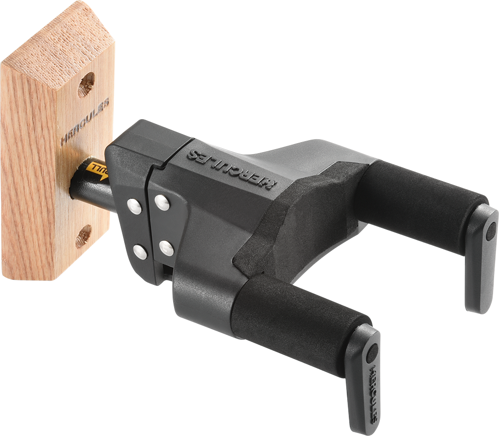 gsp38wb-plus_2 Hercules Stand GSP38WBW PLUS Auto Grip Guitar Hanger For Wall Mount Brown Wood Base - Image 1