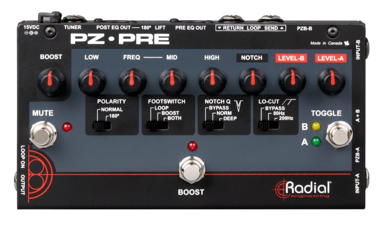 pz-pre-top-1-768x462 Radial PZ-Pre Acoustic Instrument Preamp,Dual Input w/ EQ Notch Filter And Radial DI - Image 1