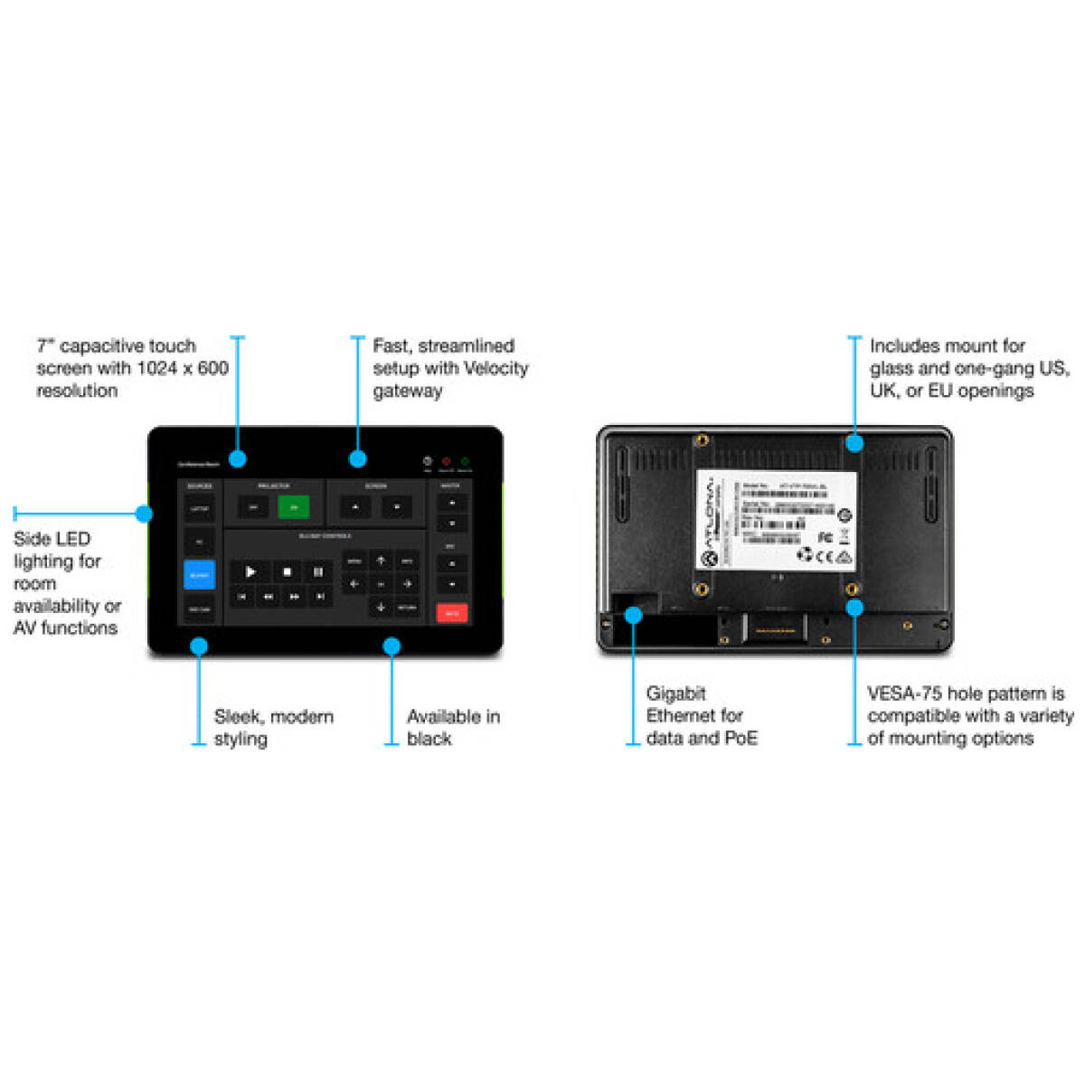 Atlona AT-VTP-700VL-BL  Velocity 7" Touch Panel (Black) - Image 3