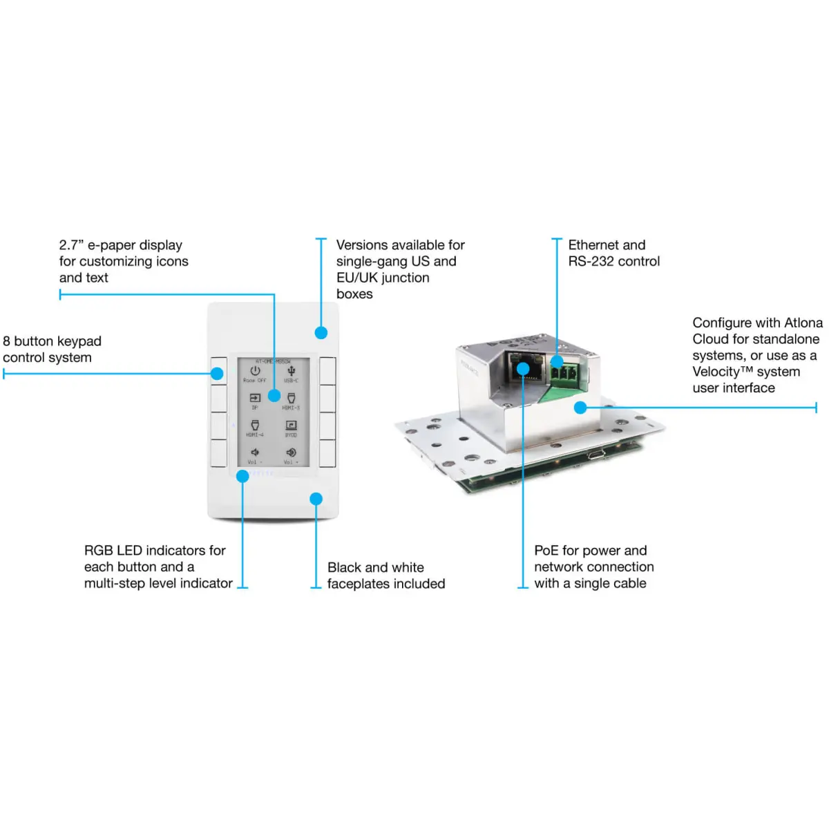 Atlona AT-VKP-8E-EU Velocity 8-Button Keypad With E-Ink Display (EU / EMEA Version - Image 2
