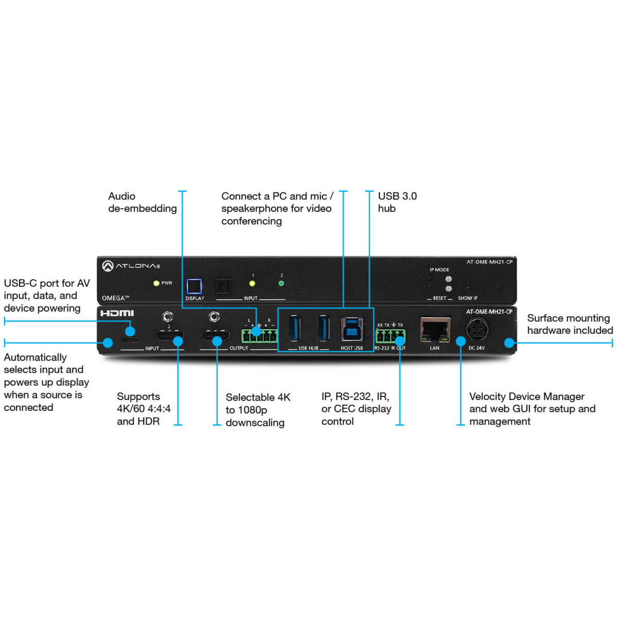 Atlona AT-OME-MH21-CP – 2×1 HDMI & USB-C Switcher With HDBaseT Output And Control Processor - Image 2