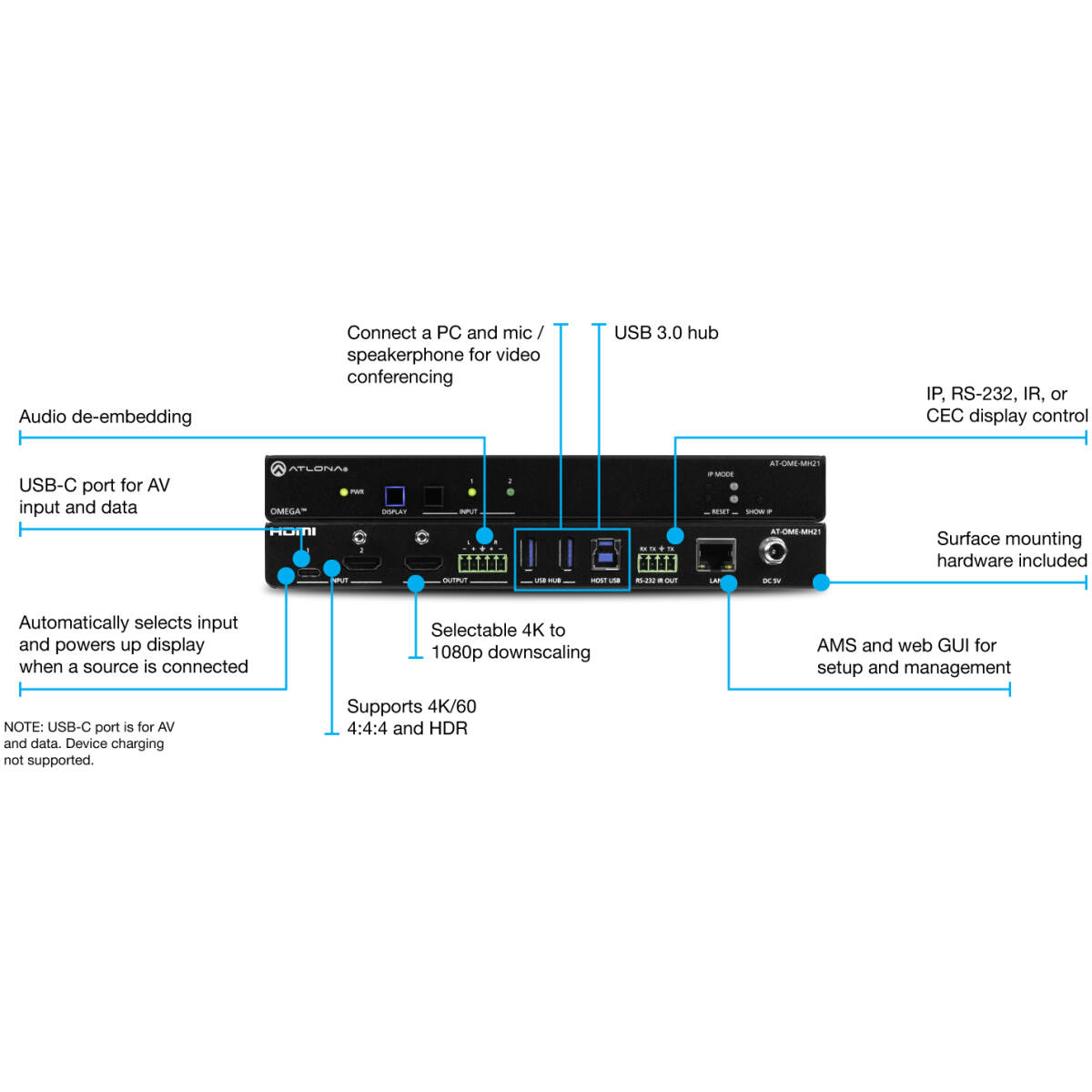 Atlona AT-OME-MH21 Two-Input AV Switcher With USB-C And HDMI Inputs - Image 2