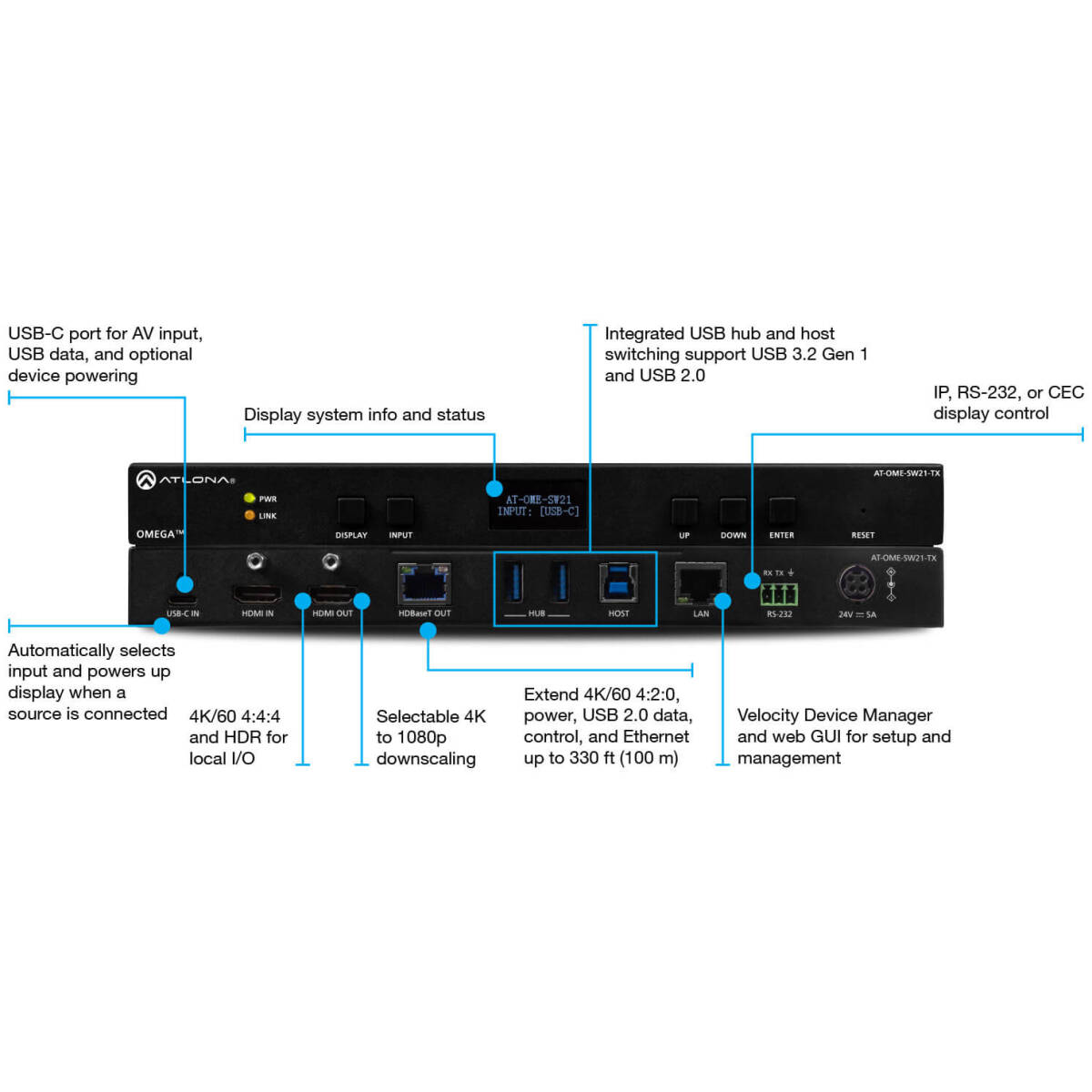 Atlona AT-OME-SW21-TX  OMEGA 2×1 HDMI Switcher With HDBaseT Transmitter - Image 2
