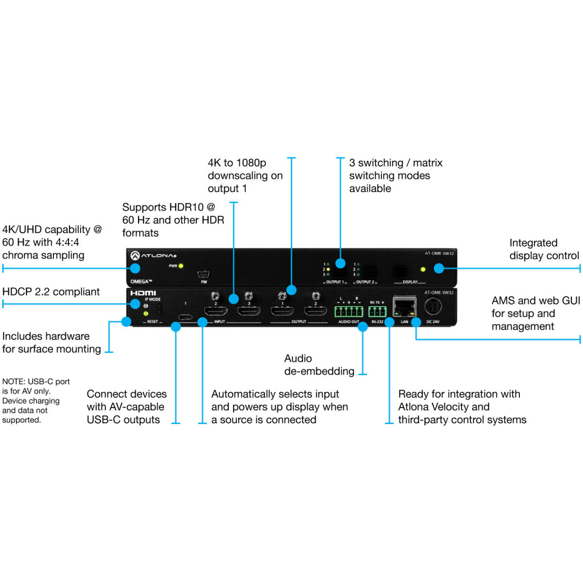 Atlona AT-OME-SW32  OMEGA 3×2 Matrix Switcher With HDBaseT Output - Image 2