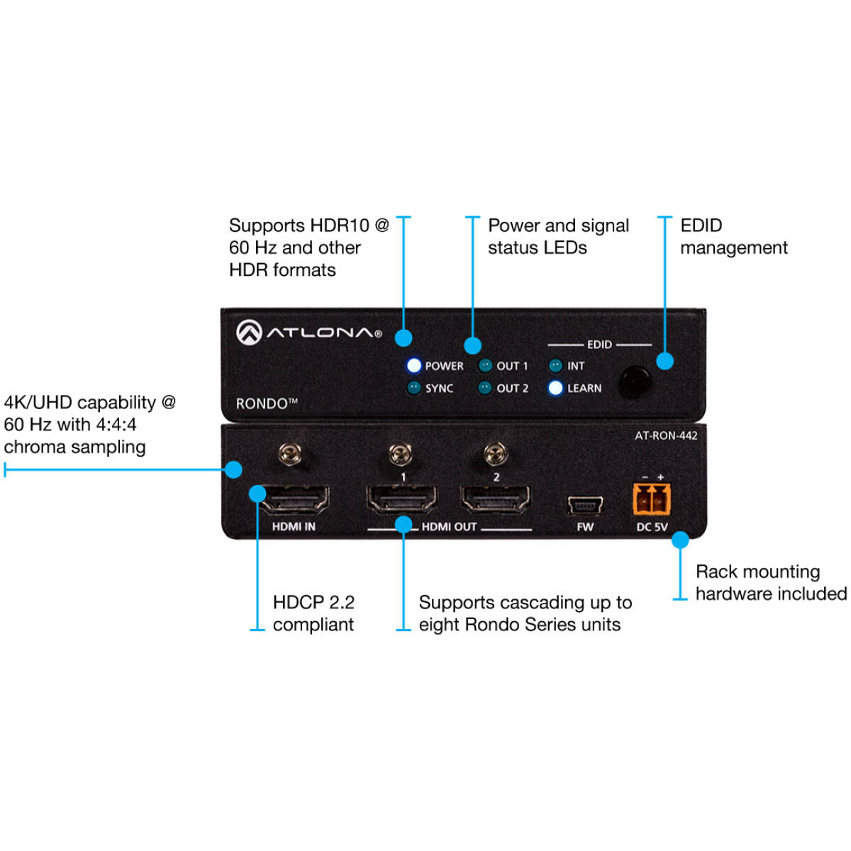 Atlona AT-RON-4424K 4K HDR Two-Output HDMI Distribution Amplifier - Image 2