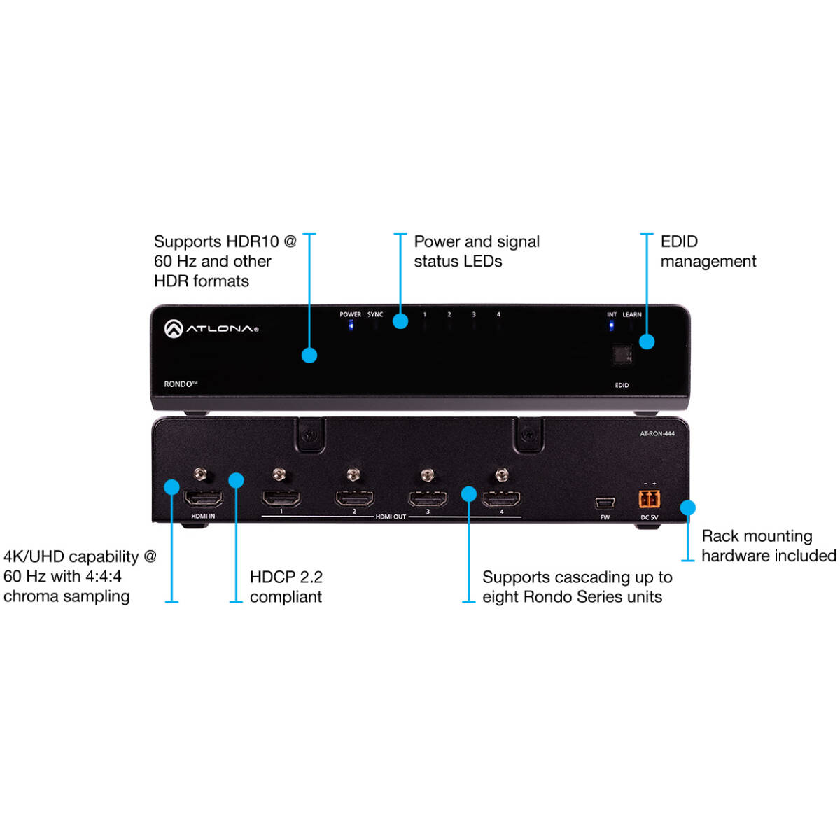 Atlona AT-RON-444 4K HDR Four-Output HDMI Distribution Amplifier - Image 2