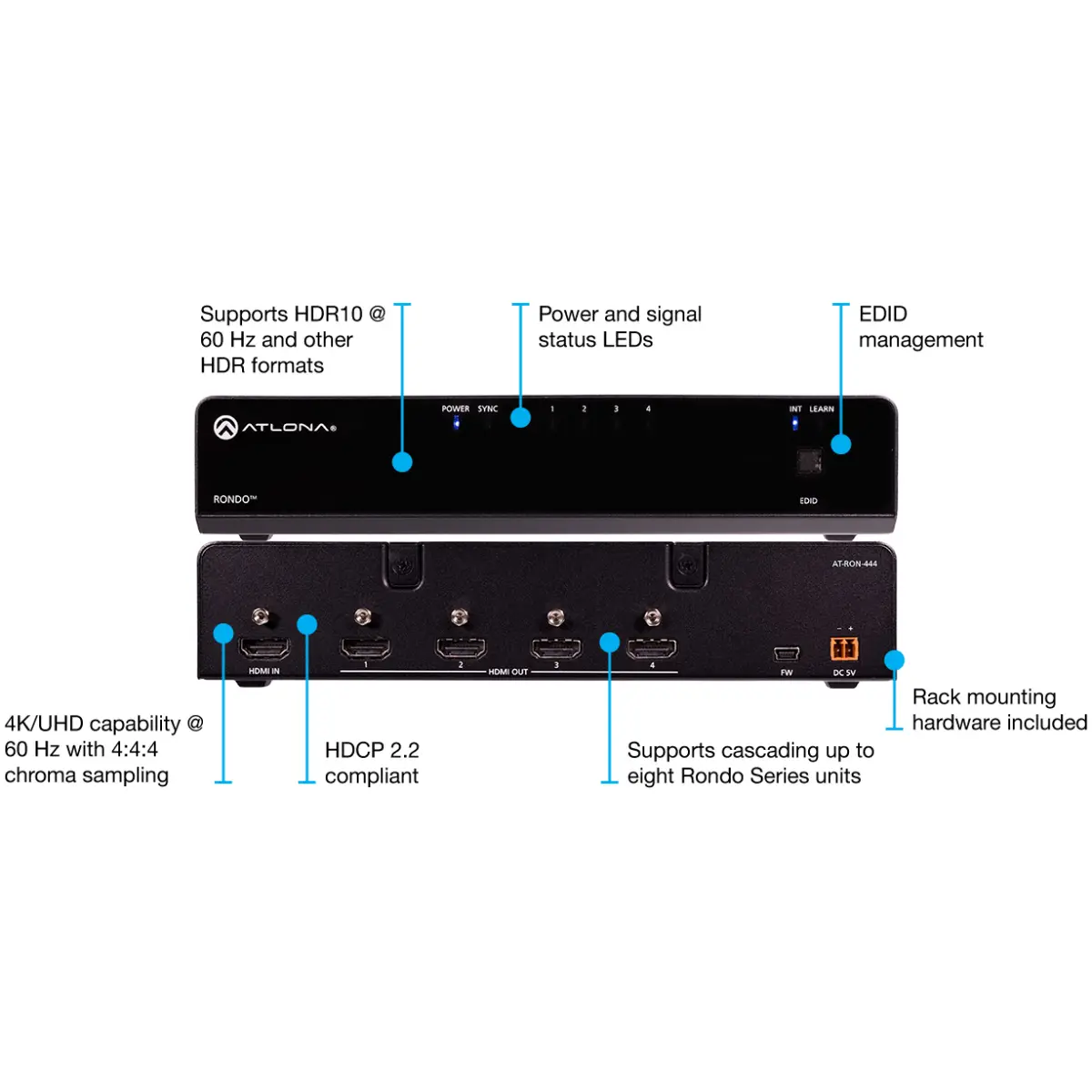 Atlona AT-RON-444 4K HDR Four-Output HDMI Distribution Amplifier - Image 2