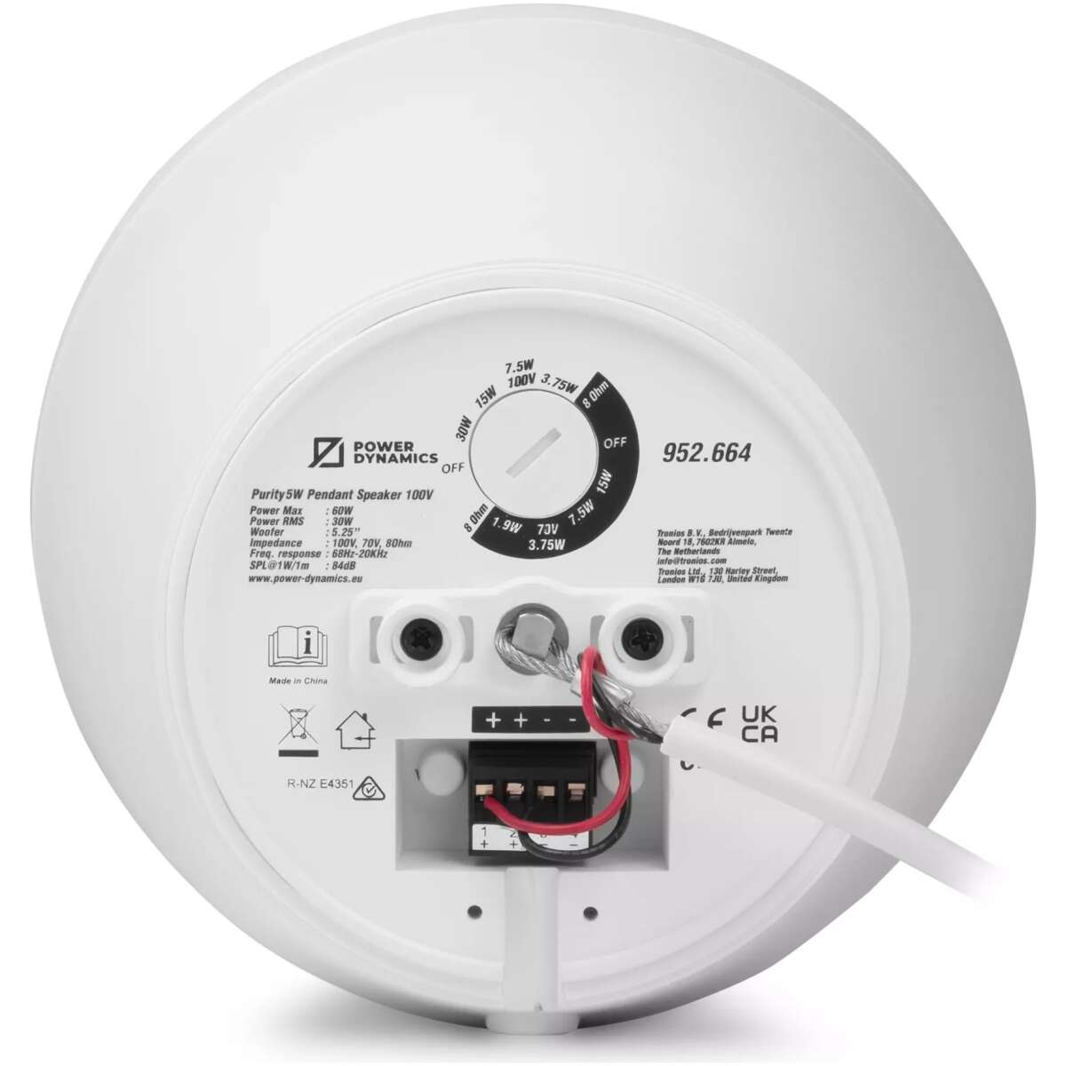 Pdm PURITY5W Cone Pendant Speaker 5.25INCH White 30W 100V IP20 - Image 9