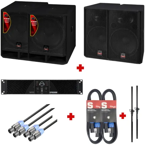 Wharfedale Pro EVP-X15 MKII 15″ Passive Full-Range Speaker With 18″ Passive Subwoofer,2u Amplifier, Speaker Cable,Speakon-Speakon And Mounting Poles Bundle